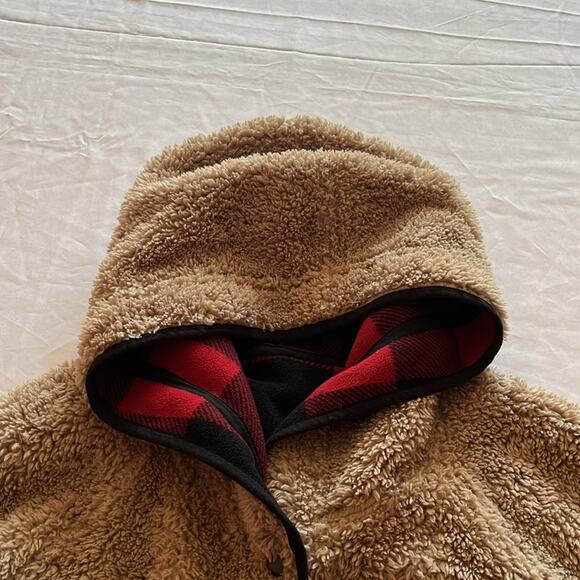 Eddie Bauer Womens Red Buffalo Plaid Reversible Fuzzy Hooded Jacket Sz M - Picture 5 of 7